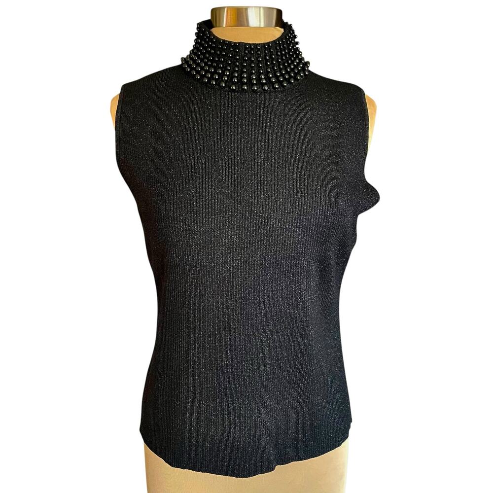 Grace Black Sleeveless‎ Mock Neck Sweater Beaded Neckline Silk Blend Metallic XL